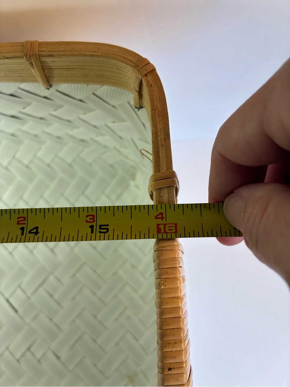 White Woven Plastic Basket with Bamboo Trim